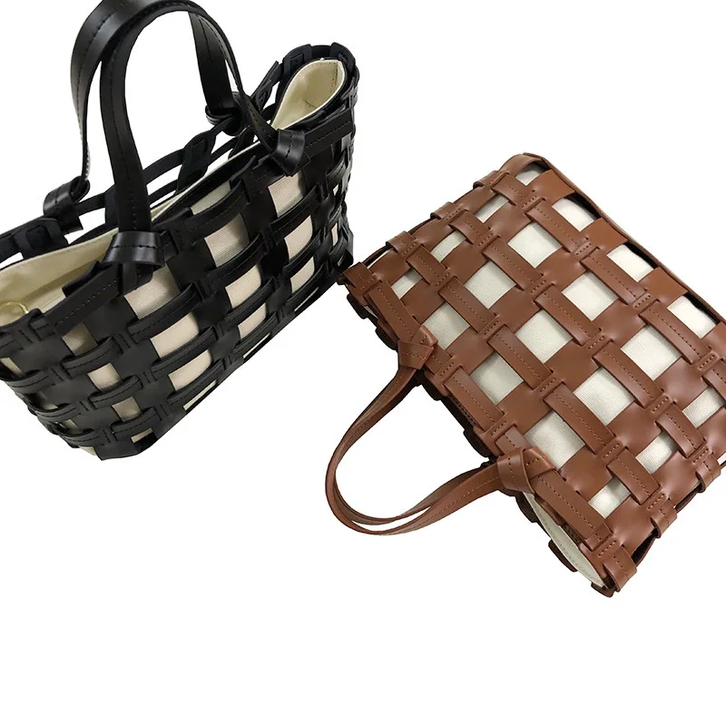 FIRMRANCH Korean INS Trendy Portable Vegetable Basket Advanced Hollow Out Design Square Tote Cowhide Weave Stylish Purse Female