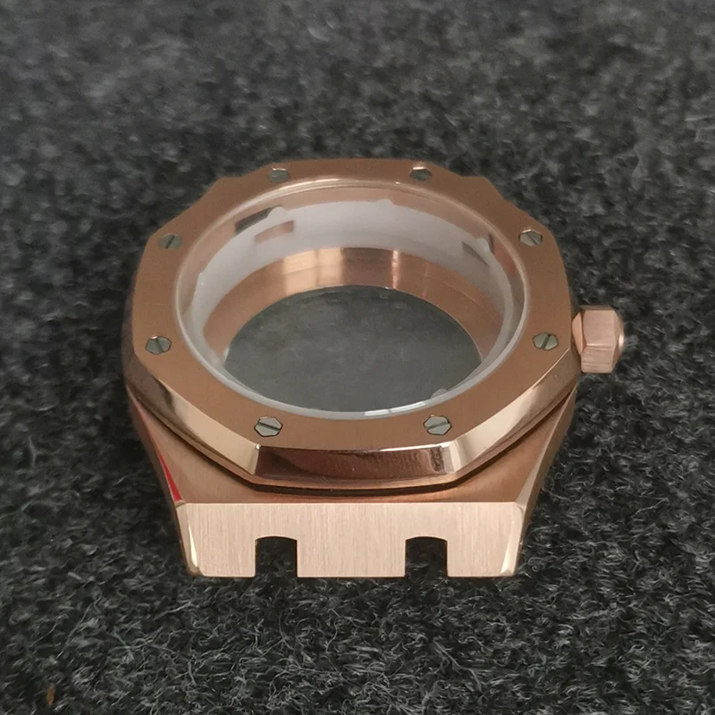 推奨クリスタル41mmピンクゴールドpvdステンレススチールケースストラップダイヤルとポイントスクリュークラウンパーツ