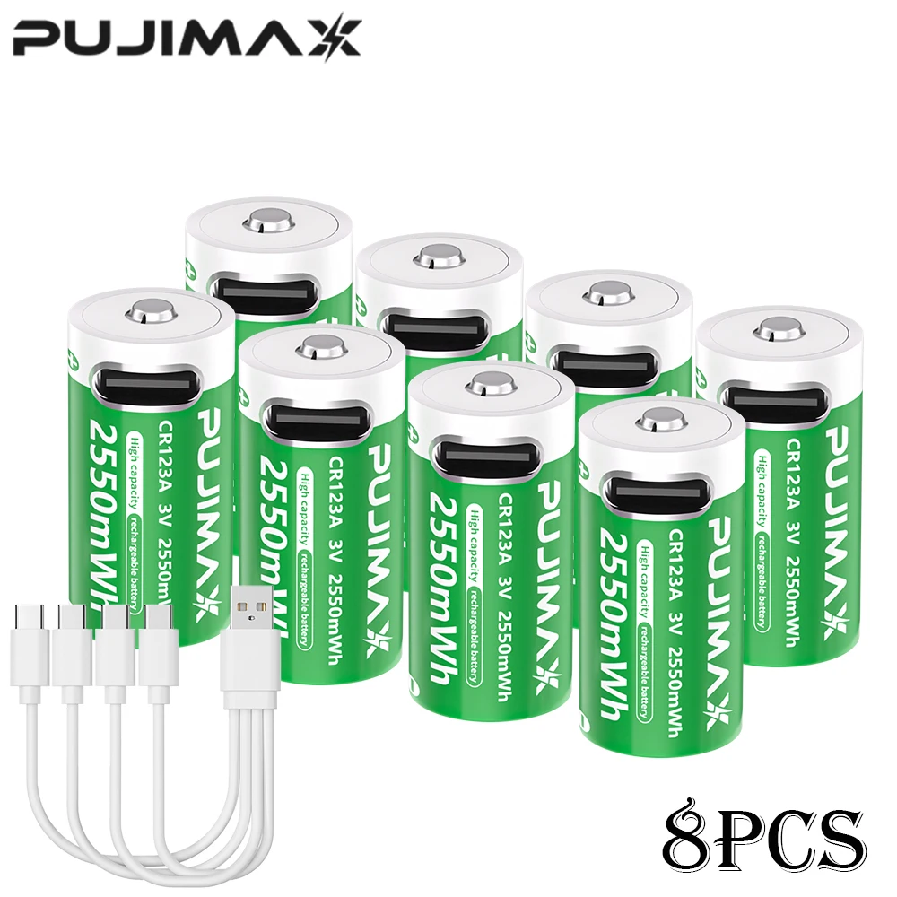 PUJIMAX CR123A-Batterien mit USB-C-Schnellladekabel – 2550 mWh Li-Ionen-Polymerzellen mit hoher Kapazität für Taschenlampen und Kameras