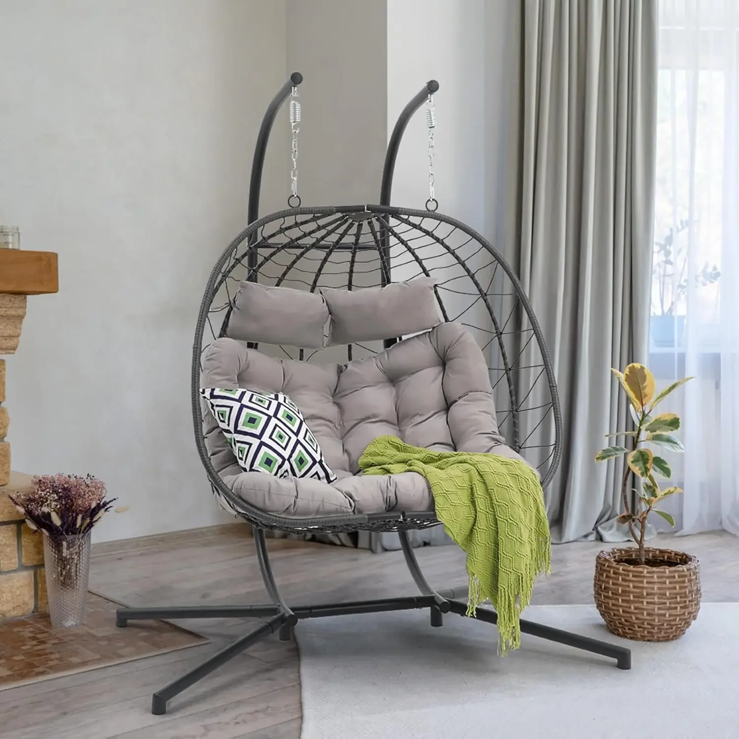 

2 Person Double Egg Swing Chair w/ Stand, Patio Wicker Rattan Hanging Egg Chair w/Cushion, Foldable Hammock Chair for Bedroom