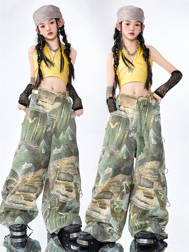 Hip Hop Mädchen Kleidung Kinder Jazz Street Dance Kostüm Gelb Glänzende Weste Grün Grüne Hose Hose für Kinder Performance Outfit