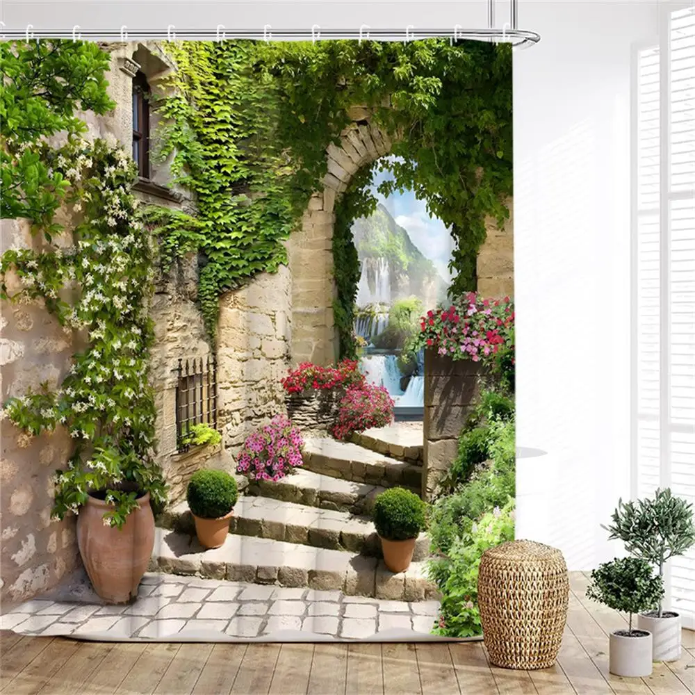 Italian Street Flowers Shower Curtain Green Vine Plant Arch Mountain Waterfall Bath Curtain Cloth Home Bathroom Decor with Hooks