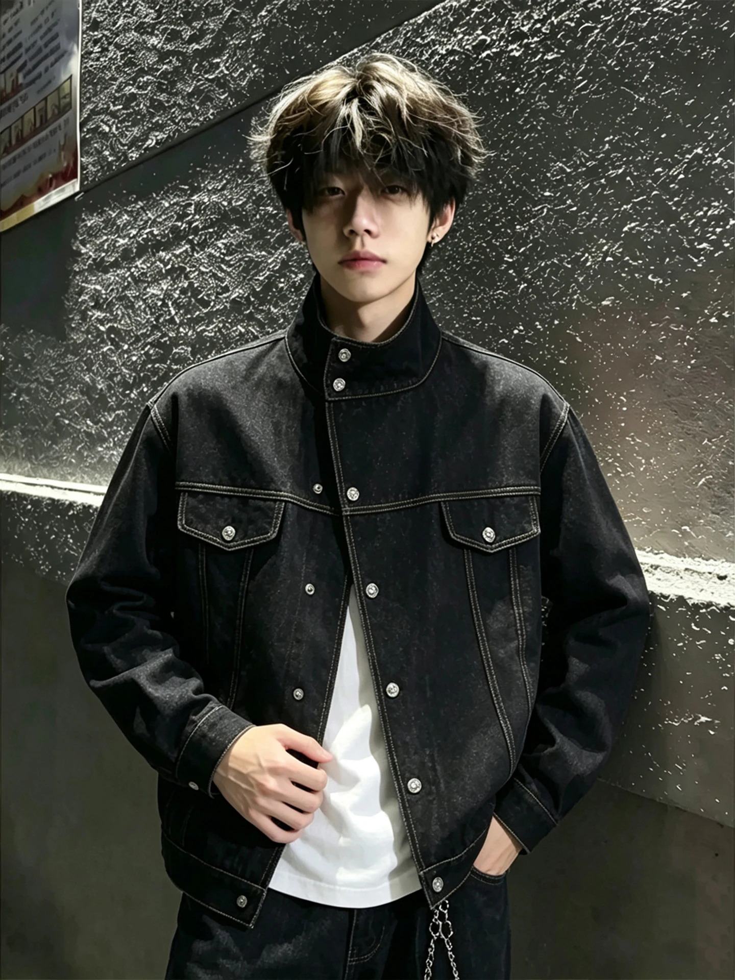 Black Original Denim Stand Collar Men's Jacket Autumn American Boxy Short Wide Shoulder Deconstructed Workwear Jacket