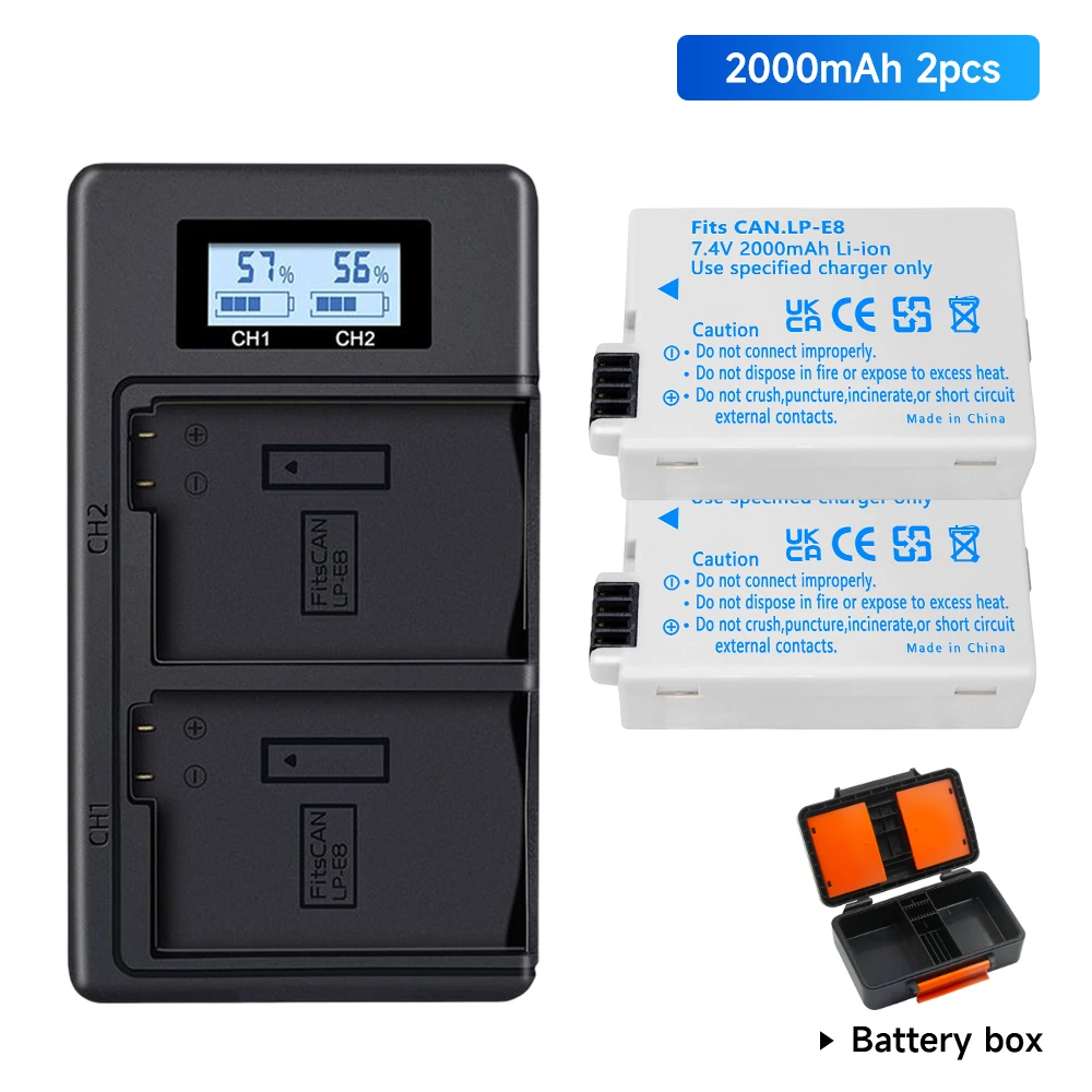 

2000mAh LP-E8 LPE8 Battery for Canon EOS Rebel T2i T3i T4i T5i 550D 600D 650D 700D Kiss X4 X5 X6i X7i + Battery Storage Case