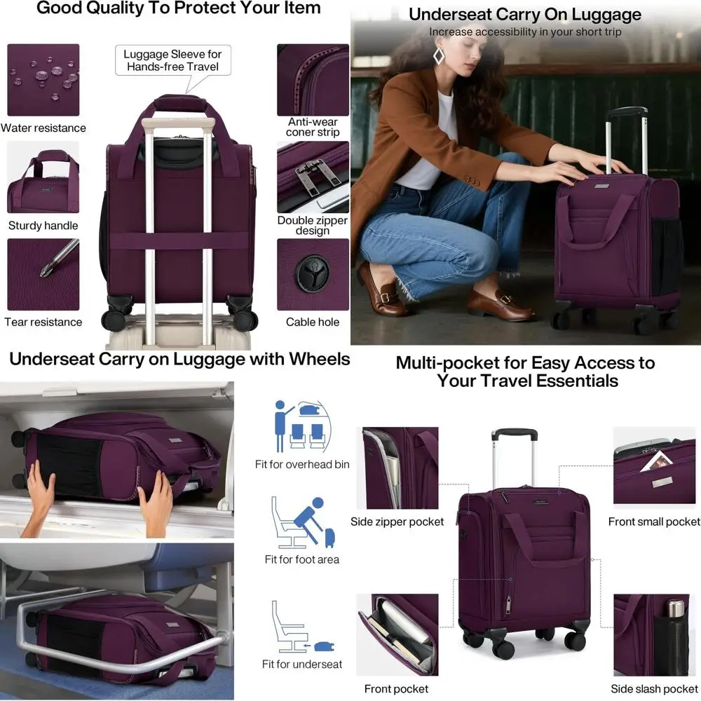 

16. Чемодан-спиннер, одобренный авиакомпанией, сумка для ручной клади Softside на колесиках, фиолетовый, идеально подходит для ночных путешествий и деловых поездок.
