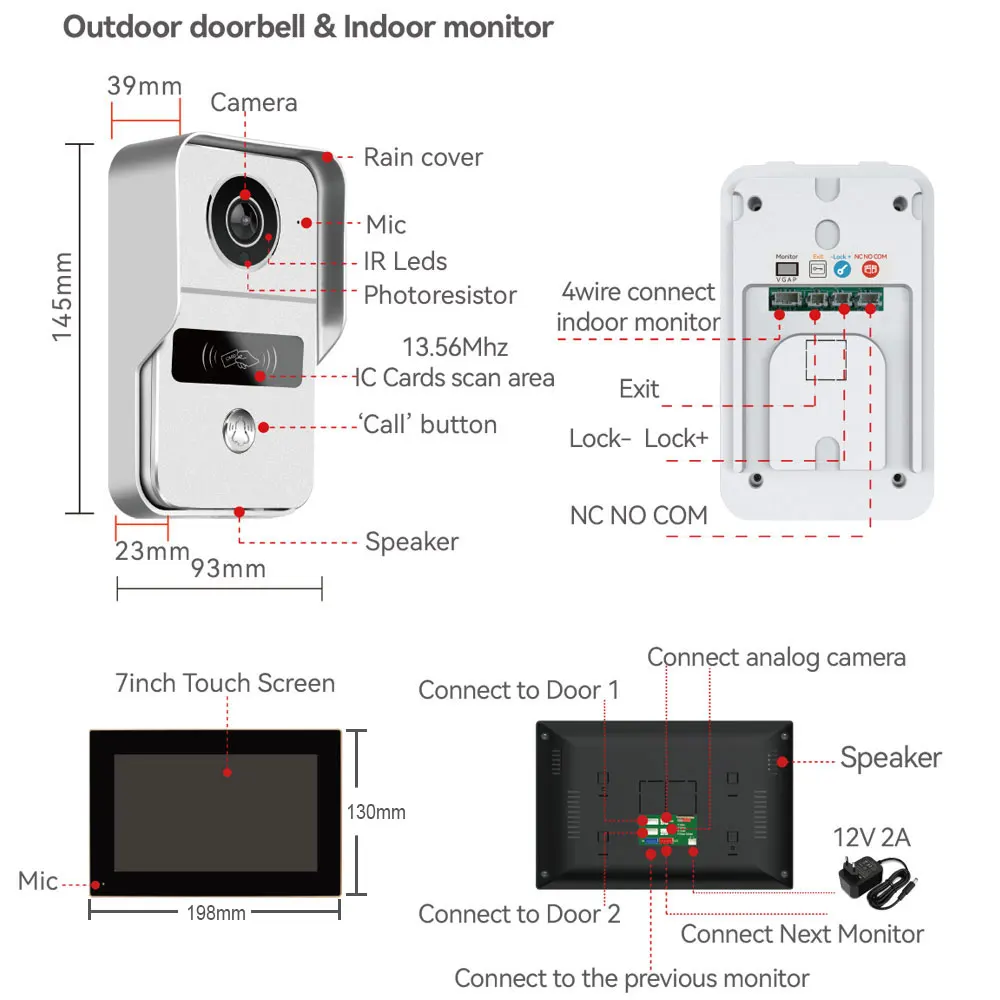 Tuya Smart 7 Inch 2 Monitor WiFi 1080P Video Doorbell Outdoor Door Bell Camera System Intercom Inductive Card Unlock With Lock