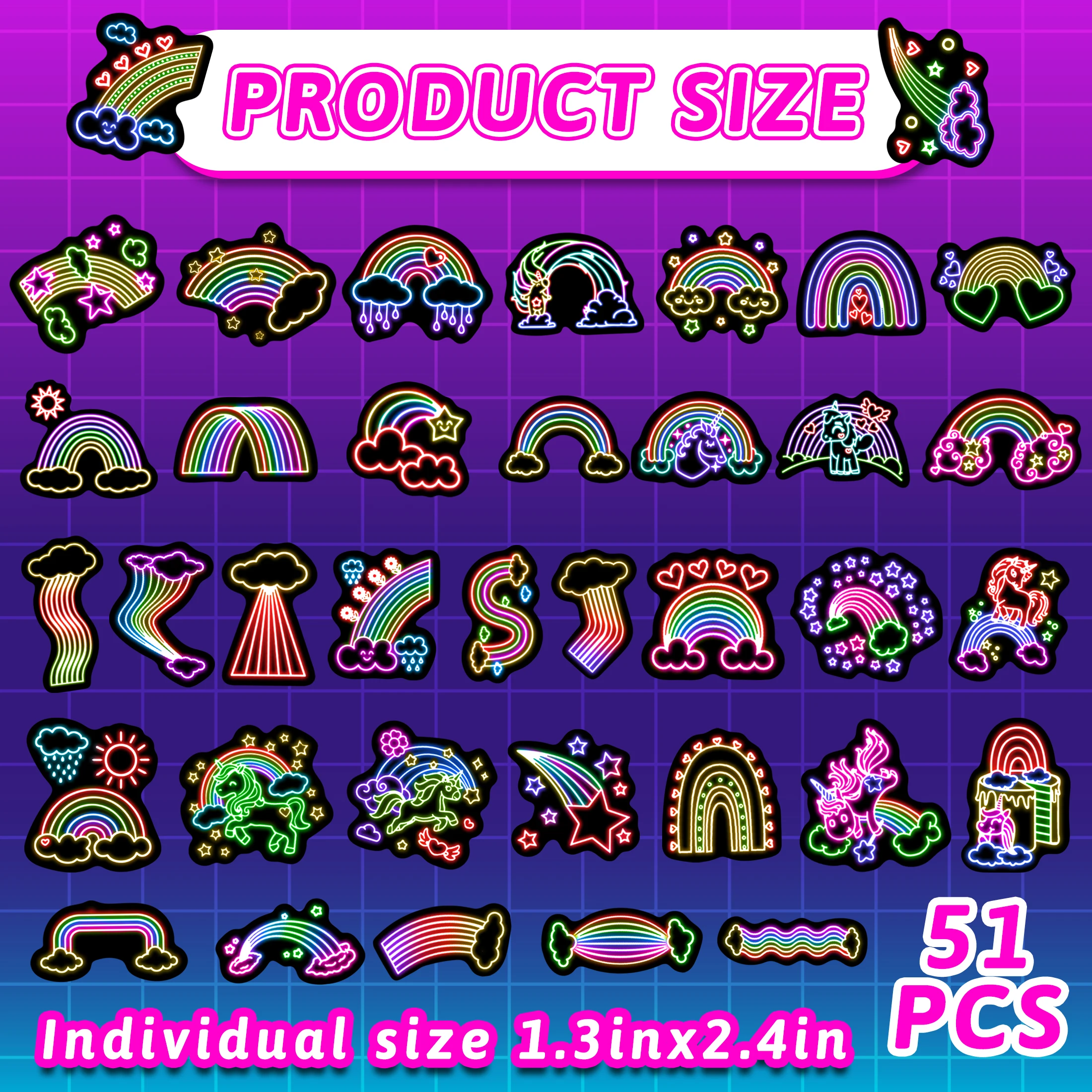 50pcs Glow-In-The-Dark Neon Cute Rainbow Stickers Standalone Self Adhesive Mug Notebook Stickers For Kids Diy Toys