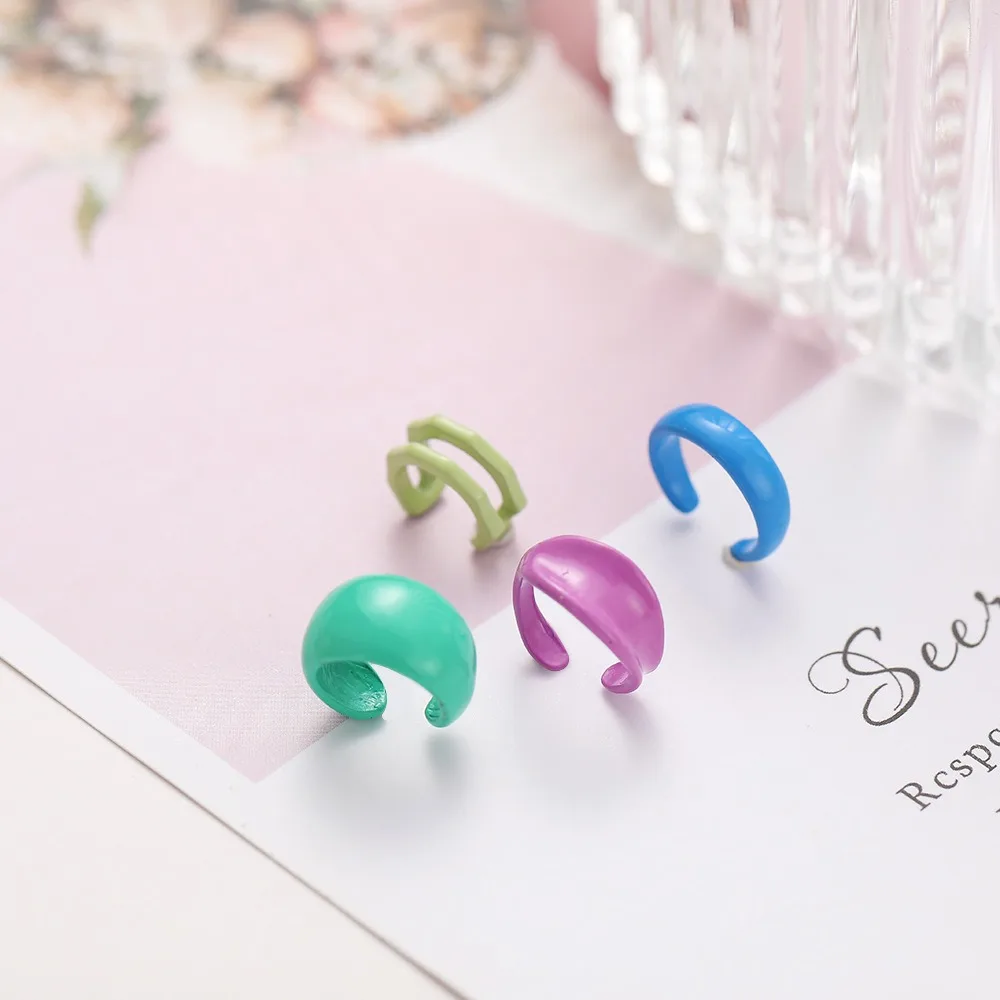 4pcs Set Personality Simple Fold Wear Colored Baking Varnish No Ear Holes Fake Piercing Clip Earrings for Women Jewelry Gifts - view 3