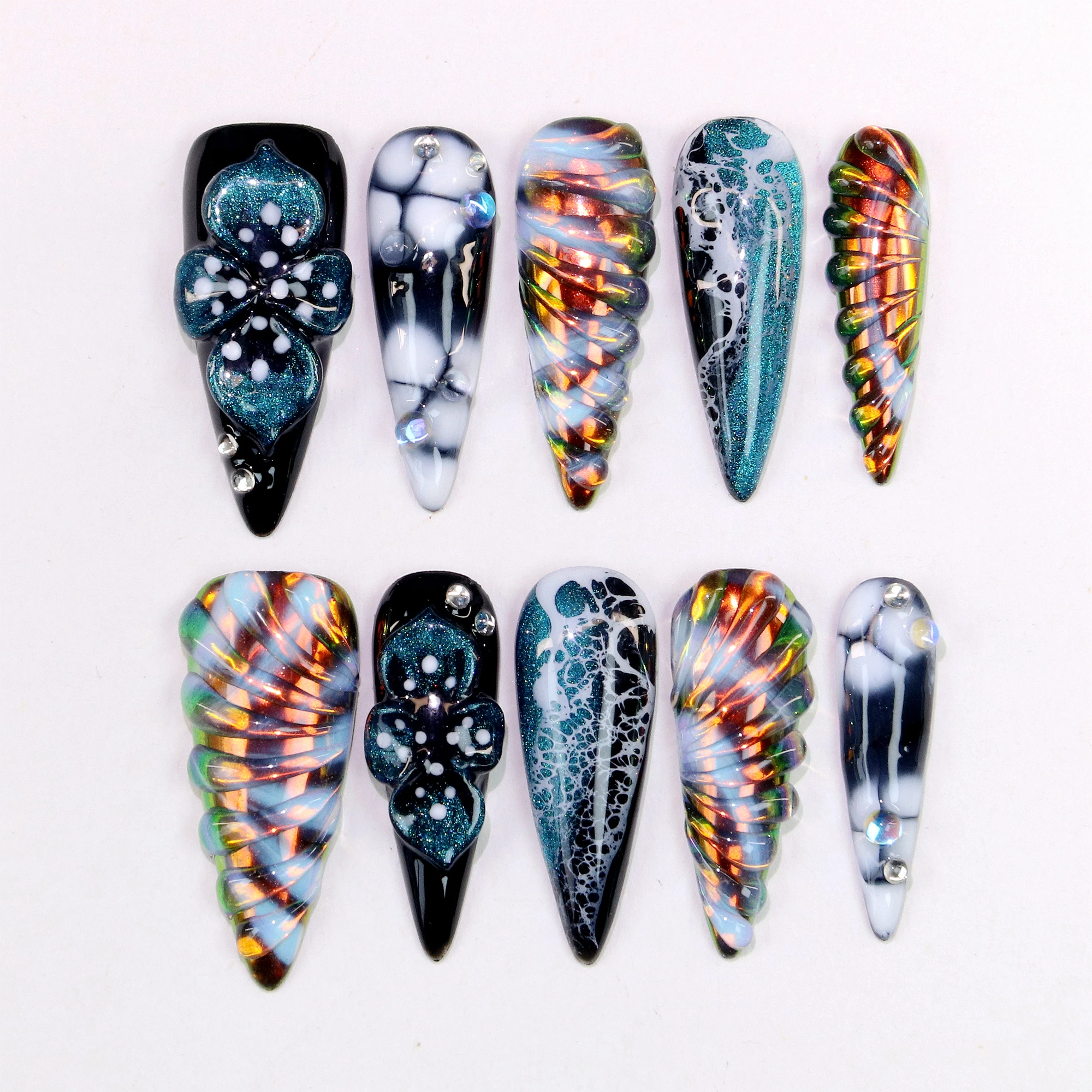 10Pcs Hand-Painted Beautiful Press On Nail, Y2K 3D Acrylic Metallic Crystal Custom Design Free Style Long Stilett Holiday Nails
