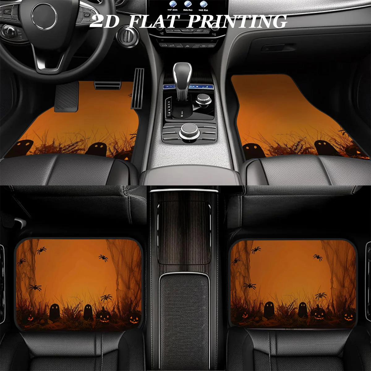 4pcs Car Floor Mat Set, Halloween Pumpkin And Spider Design, Universal Full-Coverage Floor Mats, Waterproof