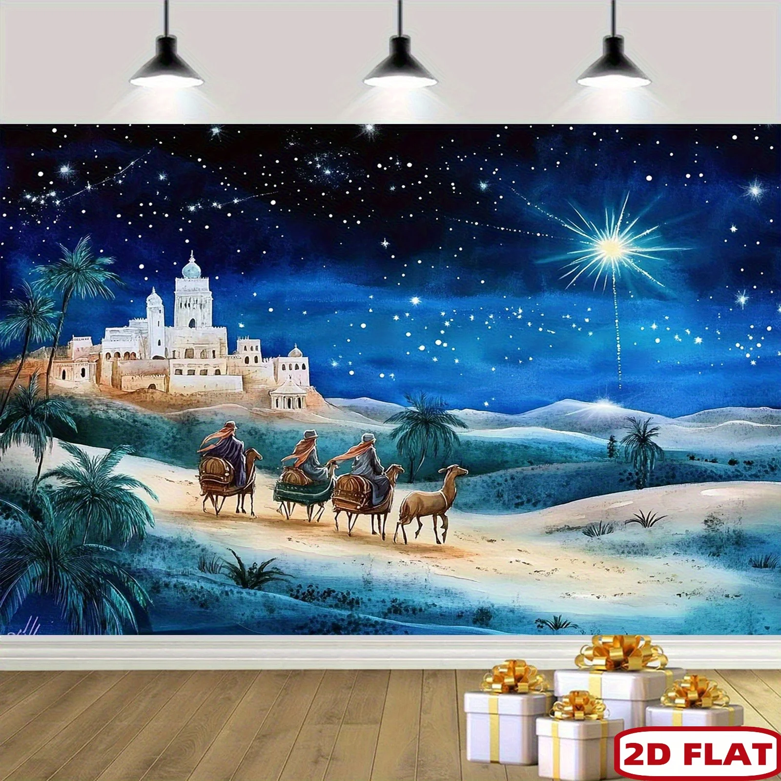 قطعة واحدة من لافتة ميلاد عيد الميلاد - ثلاثة رجال حكماء يبعون نجمة بيثليهيم، مع خلفية من السماء المرصعة بالنجوم والمناظر الطبيعية الصحراوية #1