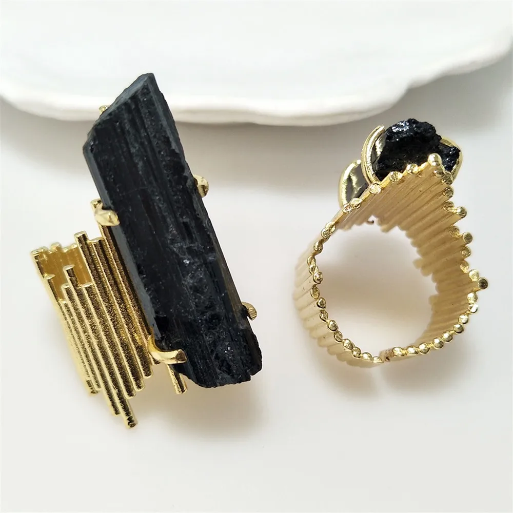 1 Pcs Natural Tourmaline Ring with Golden, Silver & Gun-Black Plated Four - Claw Inlay Jewelry For Valentine\'s Day Gift RG101