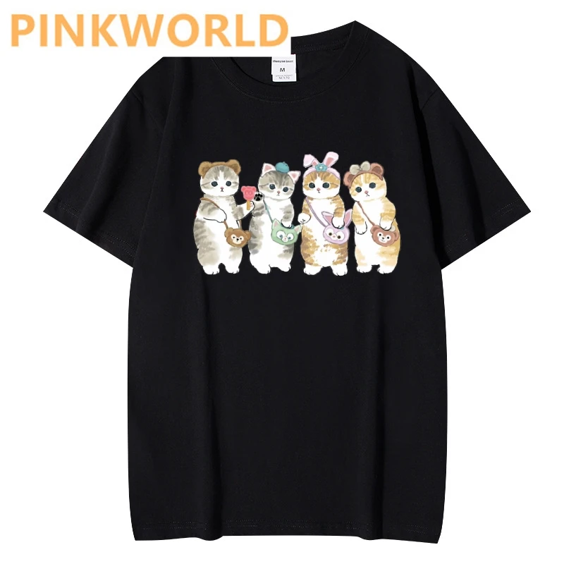 Kawaii A cat packed in a suitcase print ladies T-shirt casual basis O-collar Black white Women shirt short sleeve ladies Tshirt