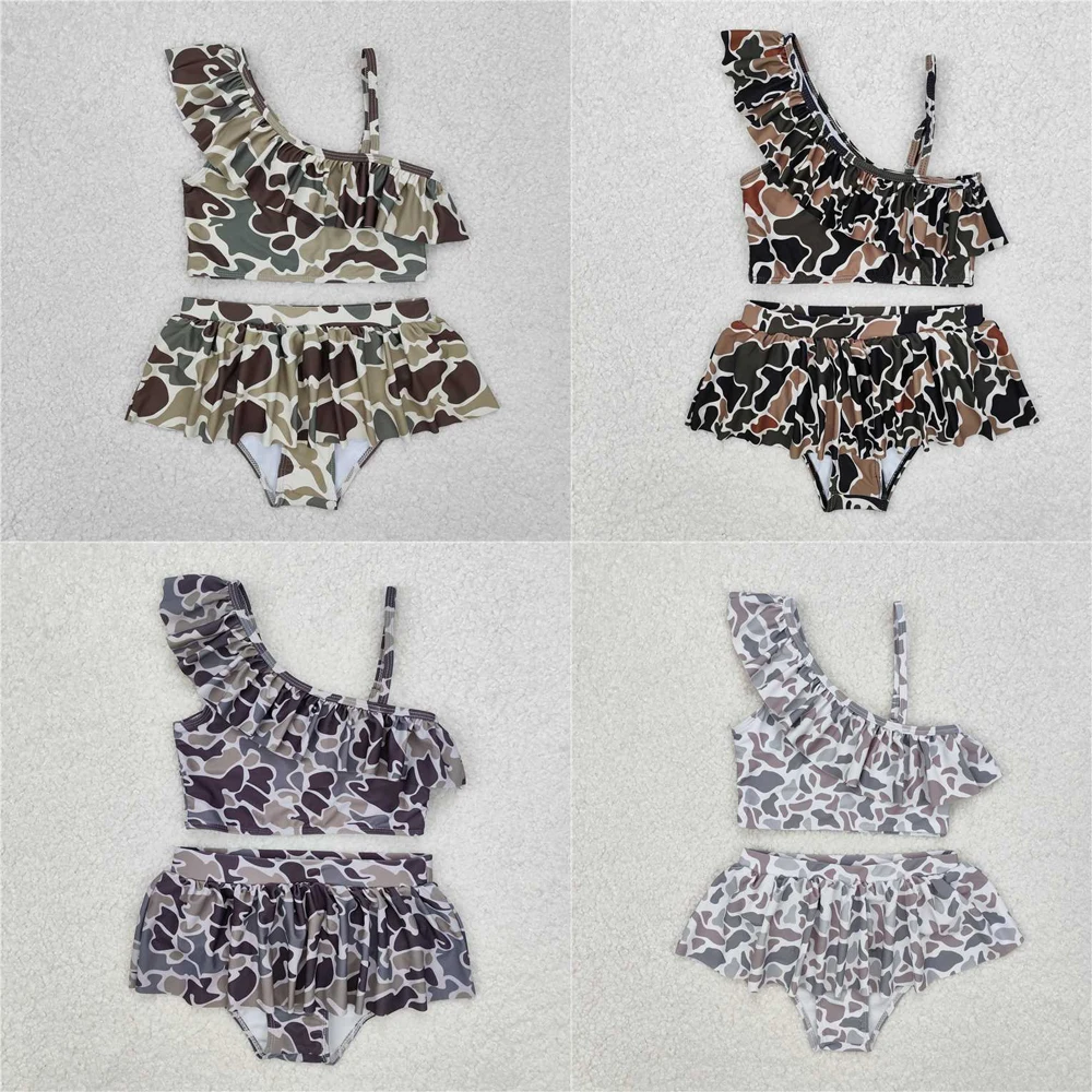 wholesale hunting Summer hot sale swimming clothes Sibling Baby Girls Camo Ruffle Top Bummie 2pcs Swimsuits