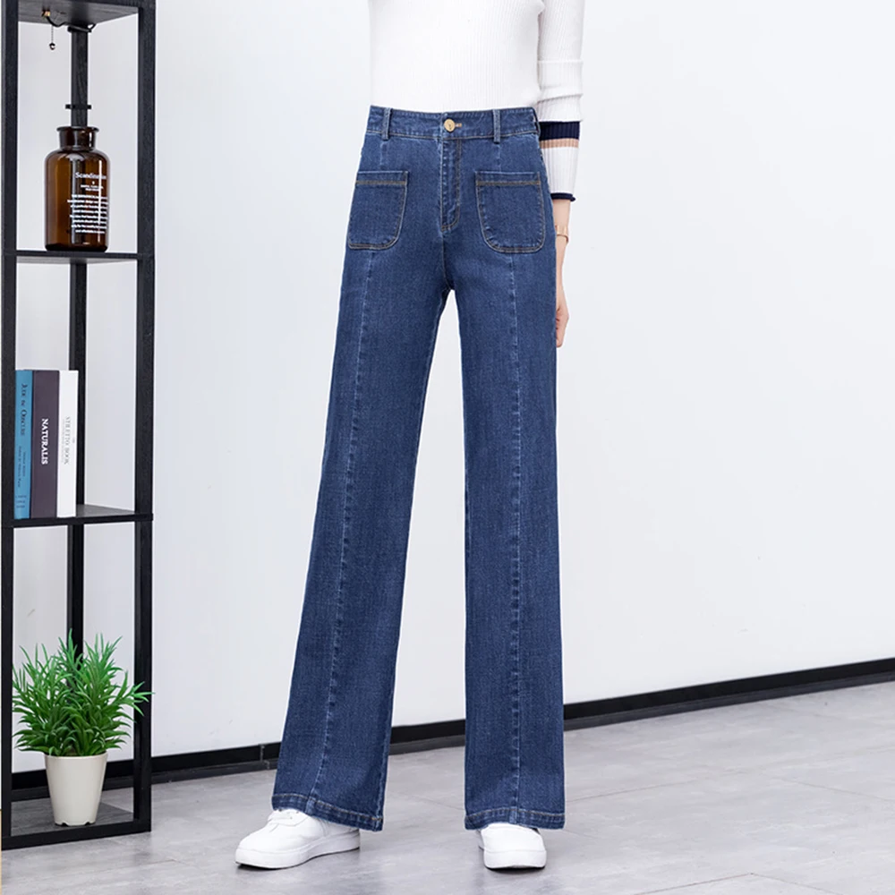 Frauen weites Bein ausgestellte Jeans für Frühling Herbst weibliche Freizeit elastische hohe Taille gerade Bein dehnbare Mode Jeans Tasche