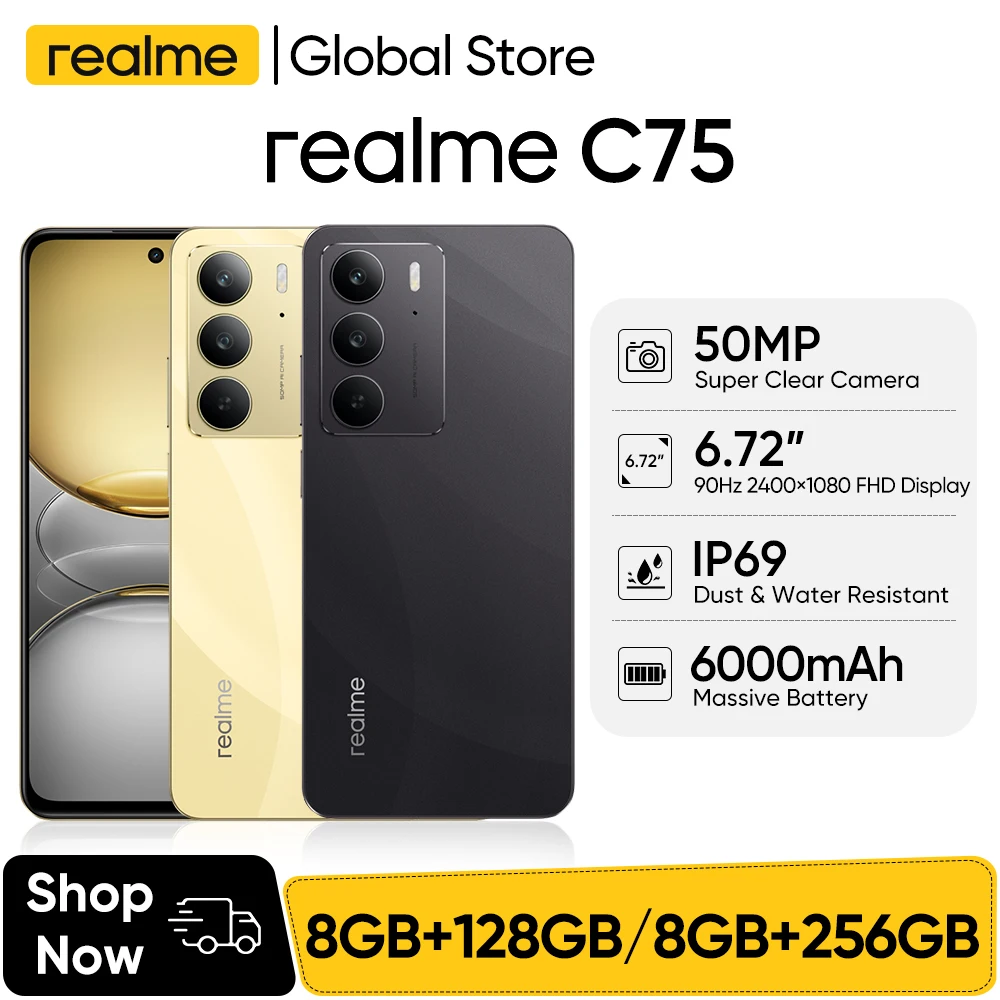 Original Realme C75 MTK Heilo G92 Max 6000mAh 45W Fast Charge 50MP 6.72Inch 90Hz NFC IP69 Waterproof Unlocked Sim Network Region