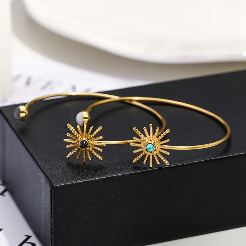 GD Vintage Female Natural Stone C Shape Opening Bangle Bracelets Sunflower Stainless Steel Bangle for Women Jewelry Gift