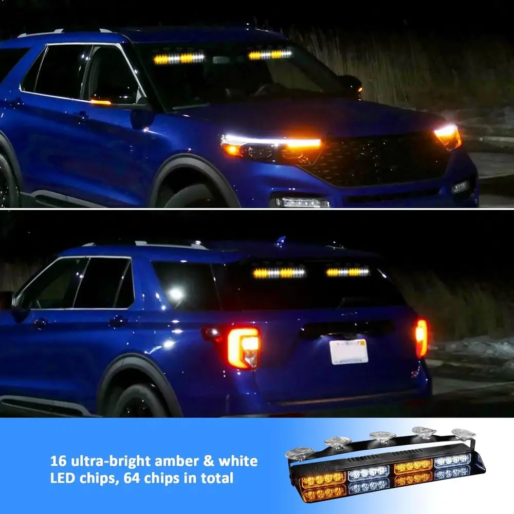 4 قطع 16-LED 2x14 بوصة شريط إضاءة ستروب أبيض وكهرماني مع وحدة تحكم ومجموعة أسلاك وأكواب شفط للشاحنات وسيارات الدفع الرباعي و