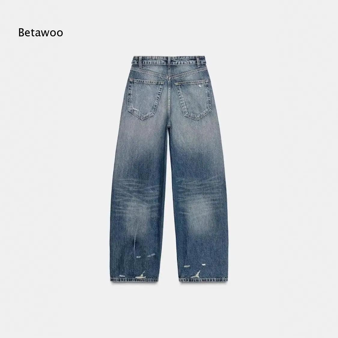 Streetwear Vintage Destroyed Wide Leg Jeans Light Dark Gradient Wash High Waist Multi Hole Loose Denim Pants