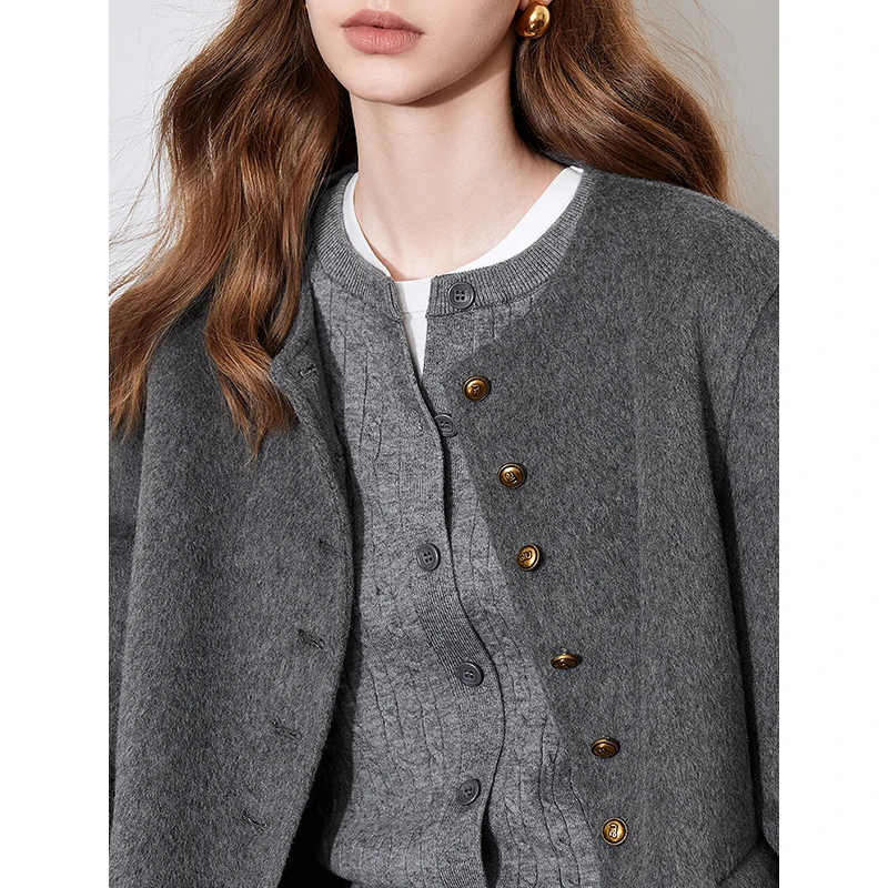 TOYOUTH Women Woolen Coat 2024 Autumn Winter New Sheep Long Sleeve Round Neck Single Breasted Button Wool Jacket Coat Gray