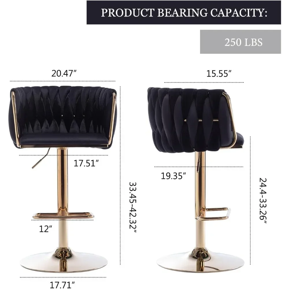 Bar Stools Set of 4, Adjustable Counter Height Bars Chairs with Woven Back & Footrest, Luxury Gold Barstools, Bar Chair