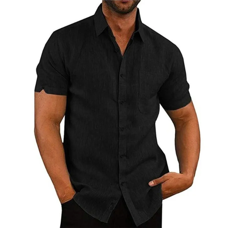 2023 new Cotton Linen Hot Sale Men\'s Short-Sleeved Shirts Summer Solid Color Turn-down collar Casual Beach Style Plus Size