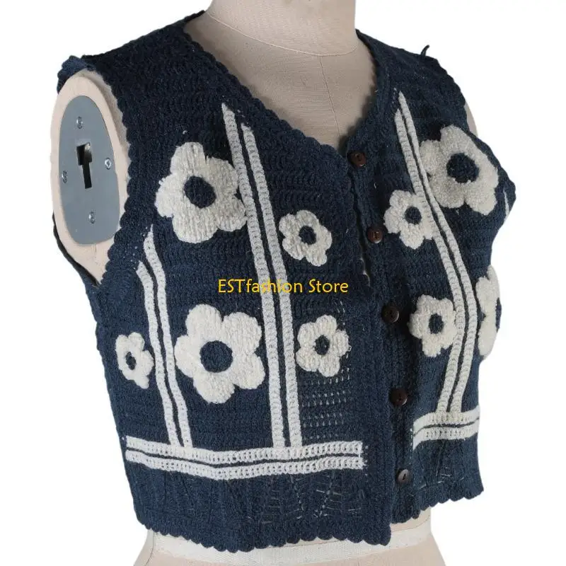 

Y5GC Women Ethnic Crochet Knitted Flower Sweater Vest Button Sleeveless Crop Cardigan