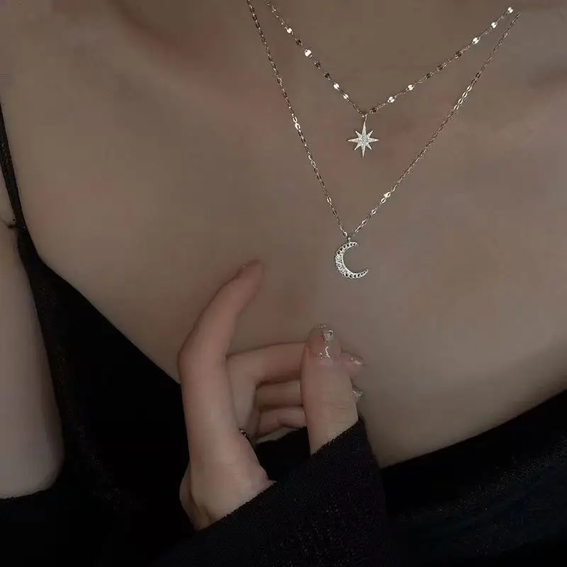 925 Silver Star and Moon Pendant Clavicle Chain for Unisex Wear • Asymmetric Fresh Design • Electroplated Alloy Construction • 4