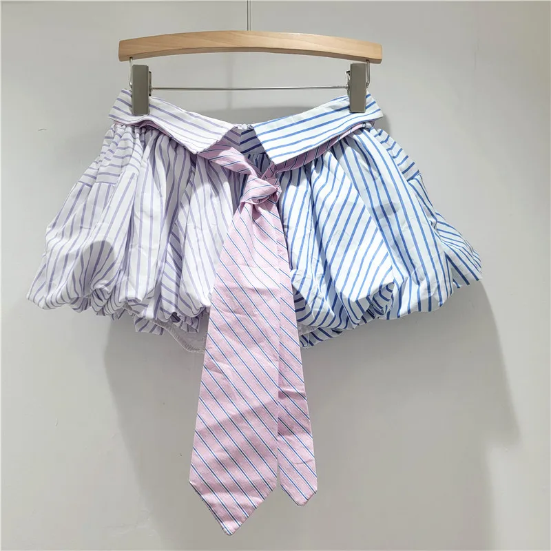 

Лето 2025 г., новый дизайн, нишевая полосатая рубашка, юбка с завязками для женщин/женщин, пышная юбка Spice Girl, мини-Jupe Femme