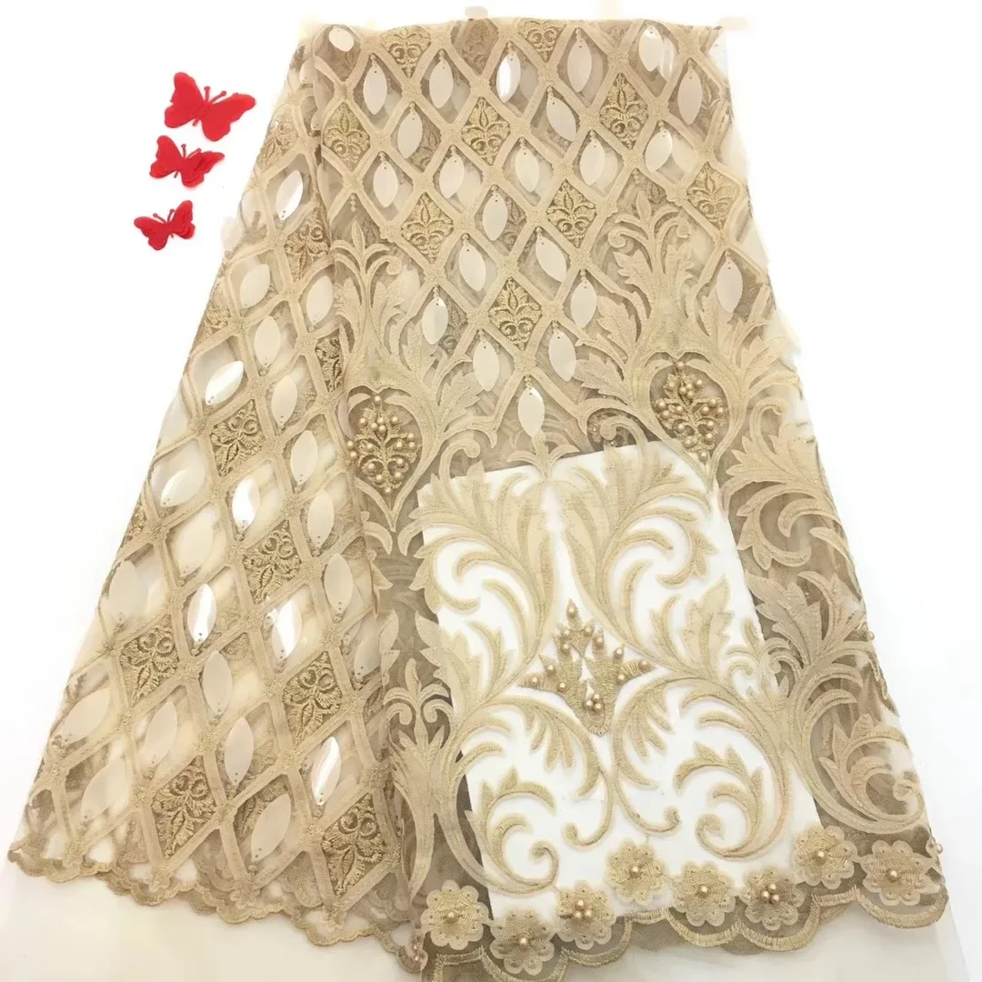 

Fashionable designs High Quality African French Lace Fabric 3D African Tulle Lace Fabric with beads For Wedding RF21