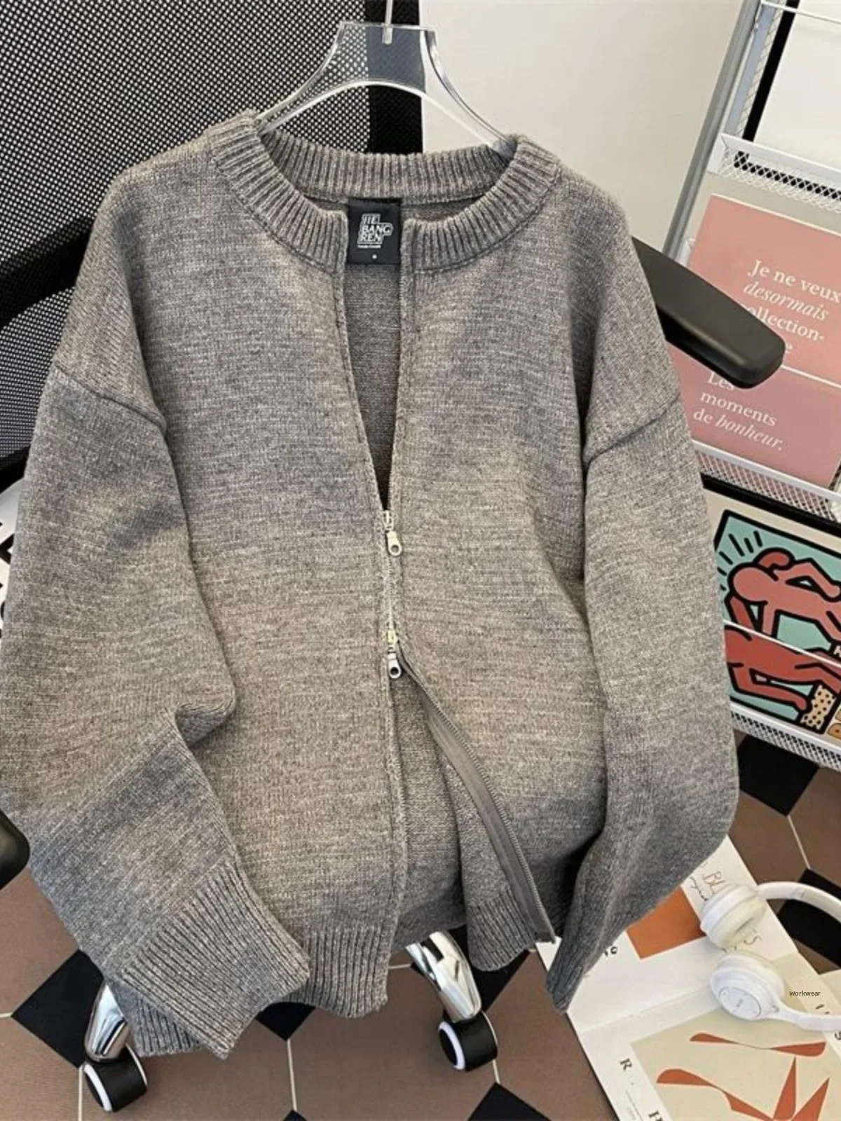 

Открытый кардиган с двойной молнией, мужской свободный свитер, модная осенне-зимняя вязаная верхняя одежда, повседневная одежда, круглый цвет Ne