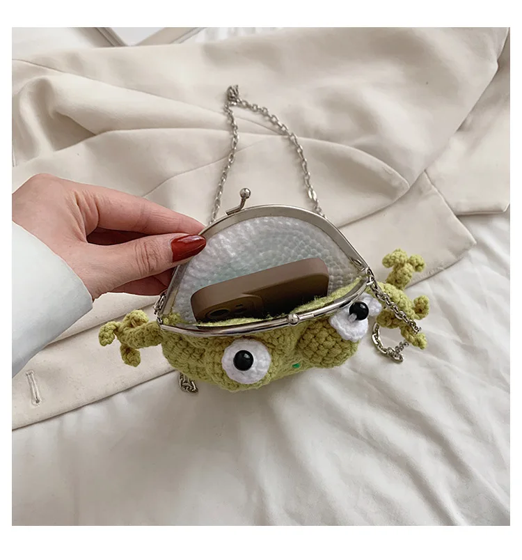 Weird Funny Mini Bag Knitted Small Cell Phone Crossbody Bag Chain Niche Animal Frog Hasp Creative Shoulder Bag Cute Purse