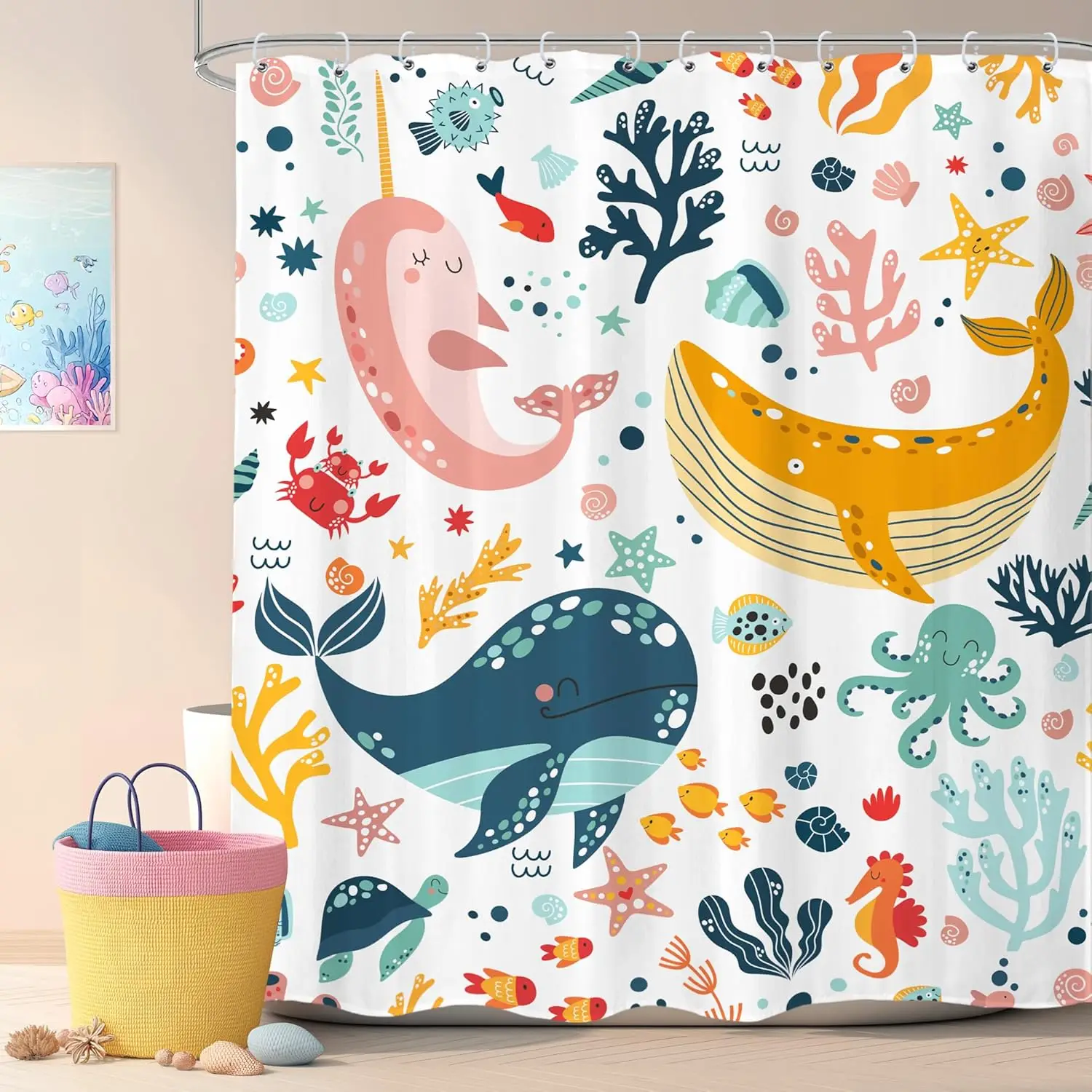 Kids Whale Shower Curtain Bathroom Sets Fish Ocean Sealife Underwater Coral Starfish Cute Cartoon Unisex Neutral Bath