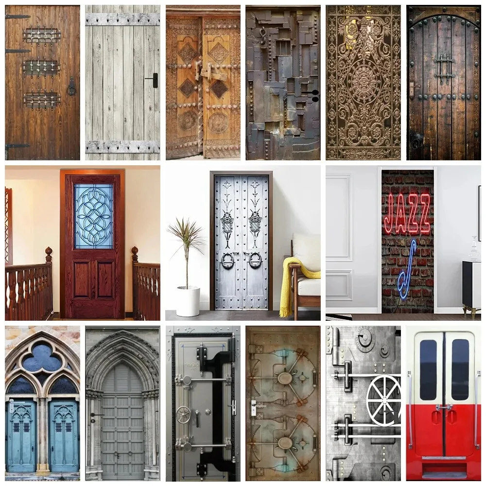

3D Vintage Industrial Door Sticker Metal Gear Wood Pattern Retro Rustic Waterproof Self Adhesive Wallpaper Home Decor
