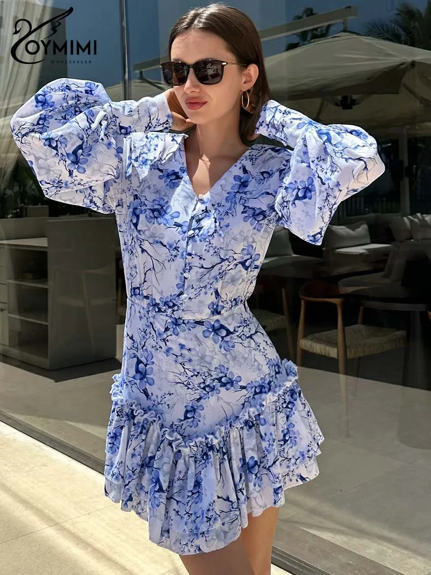 

Oymimi Casual Blue Print Womens Dresses Fashion V-Neck Long Sleeve Button Dresses Elegant High Waisted Pleated Mini Dress Female
