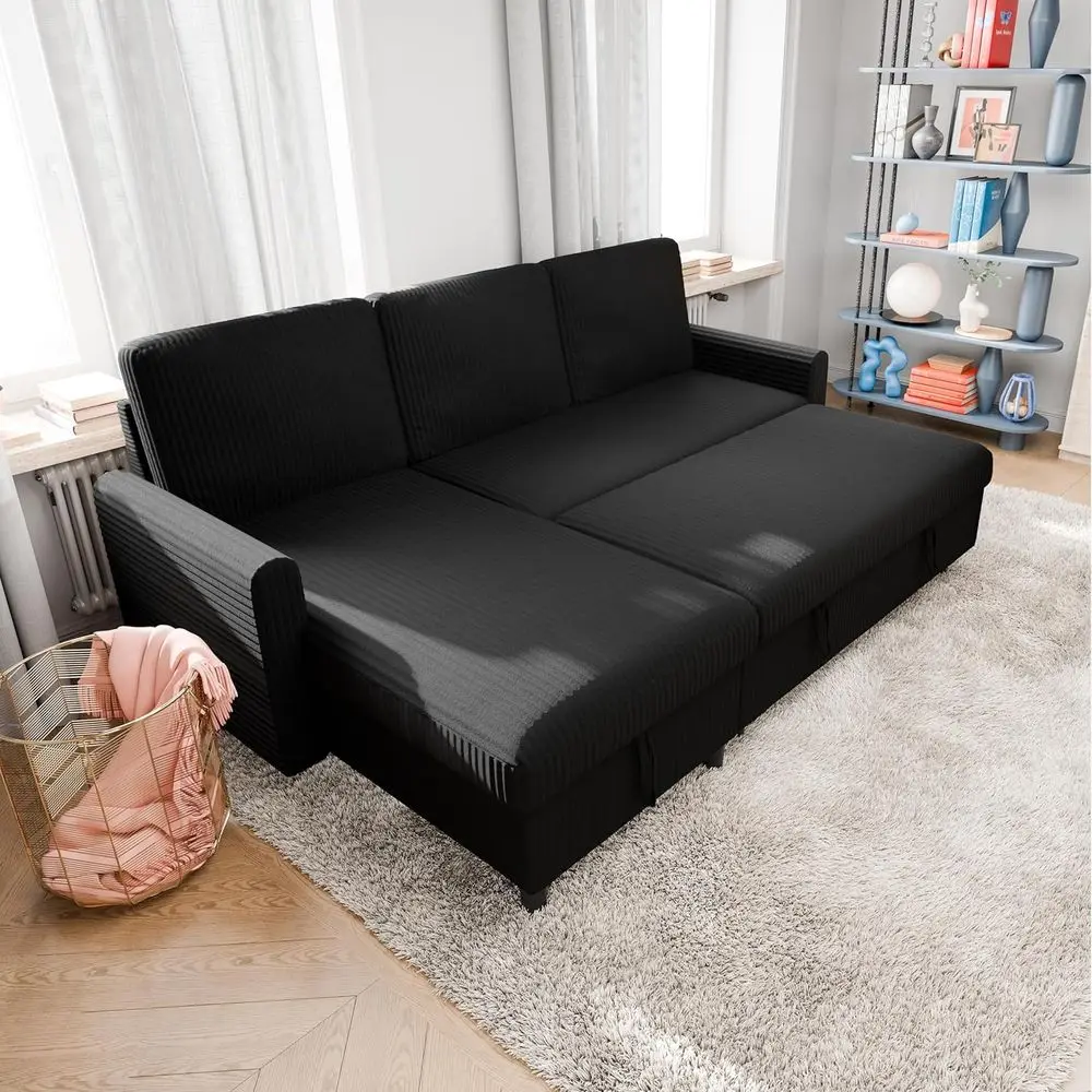 77 L-Shaped Convertible Sofa Bed with Storage Chaise for Small Spaces, Black