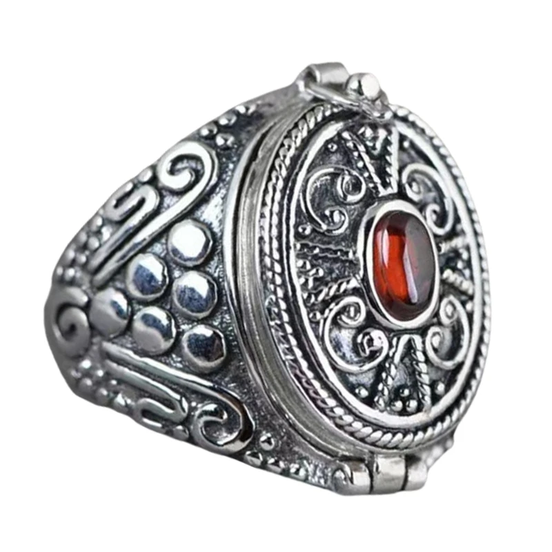 Alloy Gawu Box Ring with Secret Compartment for Jewelry and Herbs Adjustable Size Openable Finger Ring Ethnic Accessory