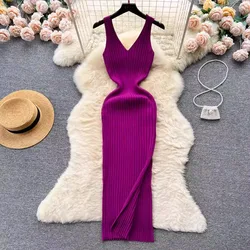 Damskie sukienki z dzianiny Ribben z dekoltem w szpic Casual All Match Slimple Sexy Package Hips Bodycon Dress Elegant Vestidos Streetwear