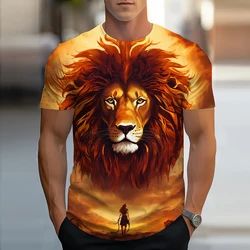 2024 Summer Fashion Lion Pattern T-Shirt Men's Casual Printing Trend Short-Sleeved Prairie Nature Animal Pattern Tribal Clothing