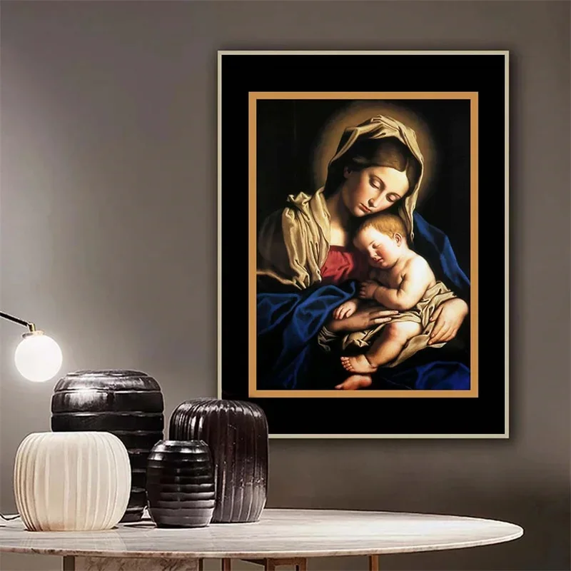 Virgin Mary Holding Jesus Canvas Oil Painting Catholic Icon Painting Poster Mother and Child Wall Art Picture Home Wall Decor
