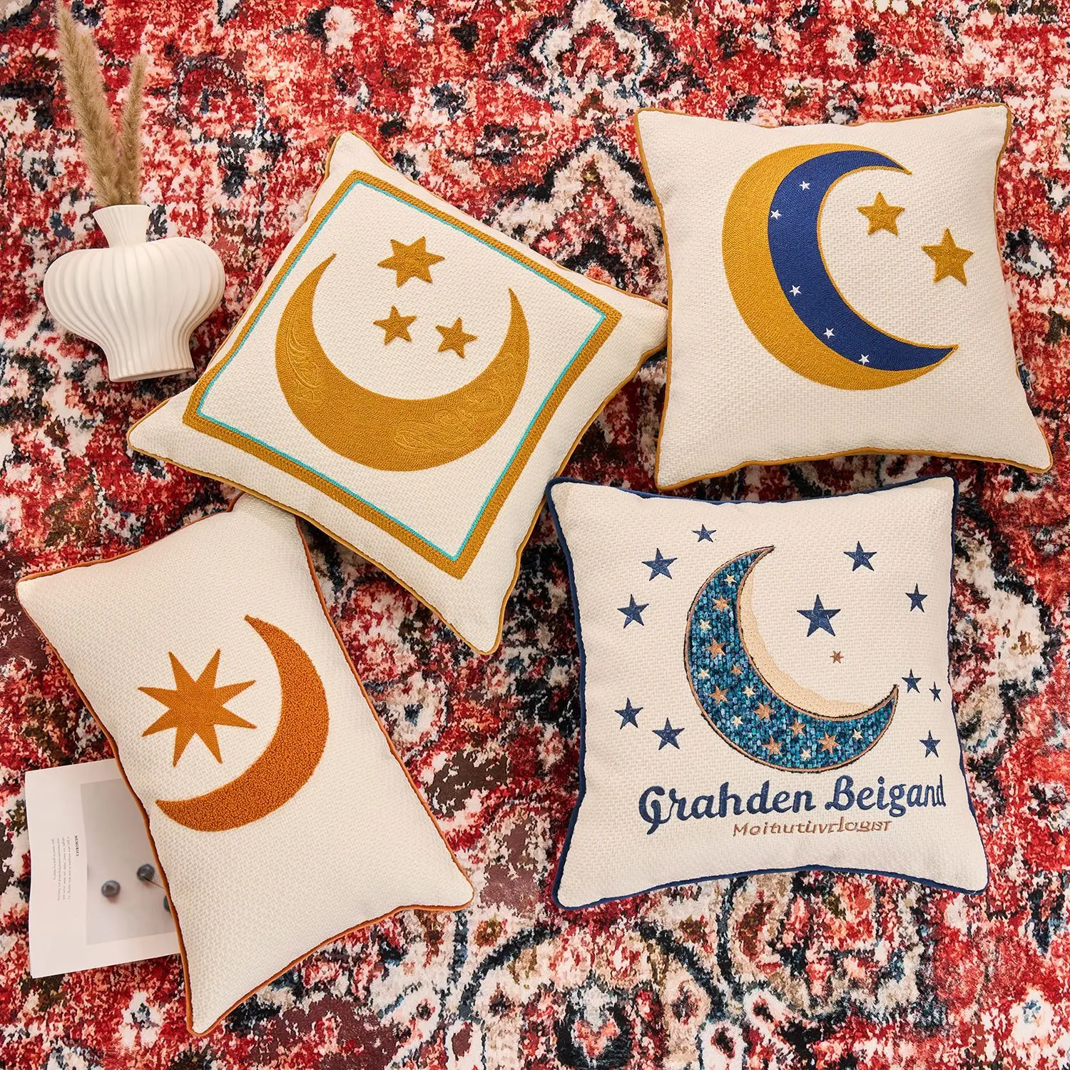 

Luxury Muslim Prayer Cushion Cover Moon Star Embroidery Middle Eastern Ramadan Pillow Case Modern Home Decor Boho Sofa Mosque
