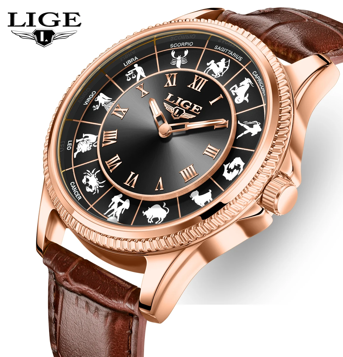 LIGE new featured constellation men's watch luminous business fashion leather waterproof clock quartz wristwatch watches for men