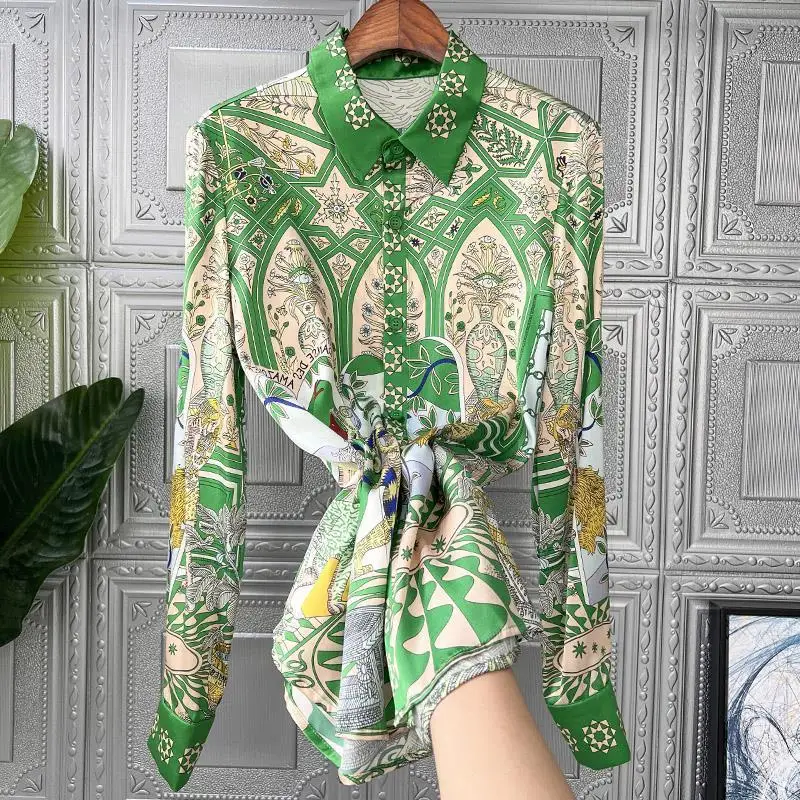 FANIECES Green Women\'s Shirt Silk Blouse Cardigan Top Spring Autumn Long Sleeve 3XL Plus Size Vintage Shirt chemises et blouses