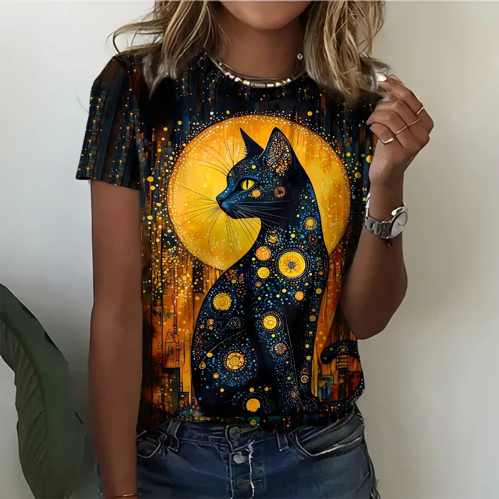 

Moon and Stars Mysterious Cat Art Women's T-shirt Casual Fashion Comfortable Black Short Sleeve