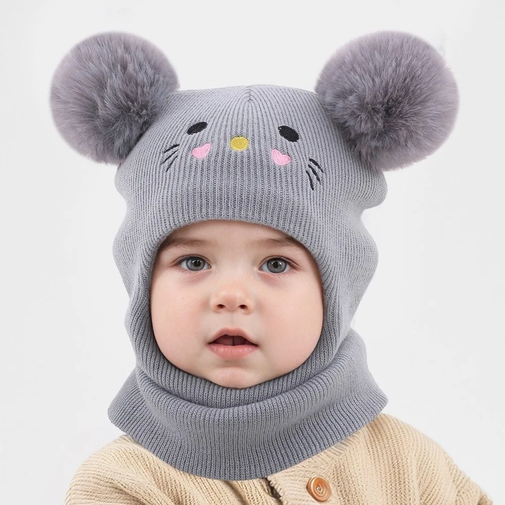 

Cute Cartoon Embroidered Knitted Hat Windproof Cold Proof Ear Protection Caps Double Pompom Head Full Face Neck Cover