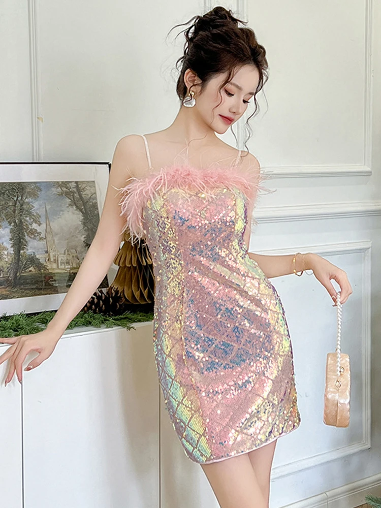 새로운 패션 여성 우아하고 고급스러운 핑크 반짝이 스팽글 이브닝 숏 드레스 여성 섹시한 스트랩 슬림 파티 미니 드레스 여성 의류
