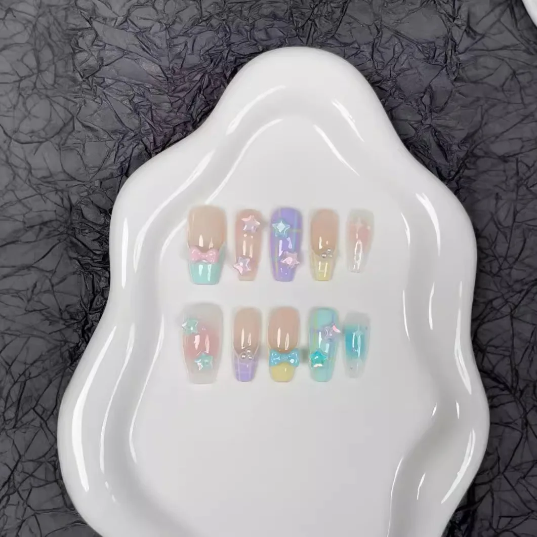Artesanal rosa azul estrelas wearable unhas verão macaron francês arte do prego doce bonito sonhador arco blush unhas falsas para menina e senhora