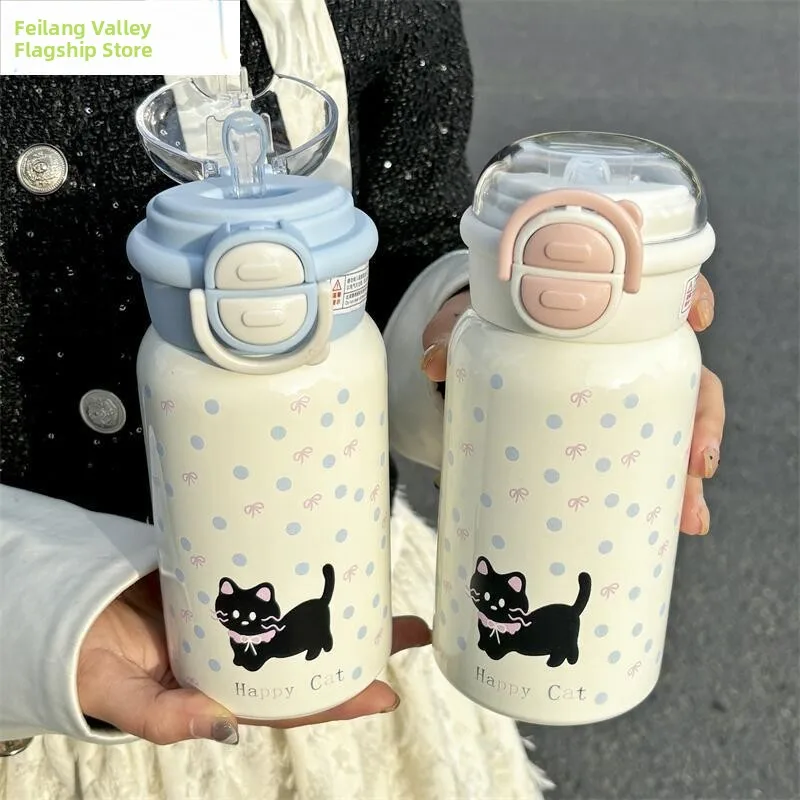 

Изолированная бутылка для воды с узором из нержавеющей стали, милый термос в горошек для девочек, студенческая чашка с высоким эстетическим значением