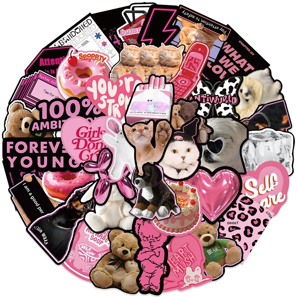 55PCS Cute Black Pink Word Decoration Scrapbooking PVC Sticker Aesthetic Children's Stationery School Supplies for Kids