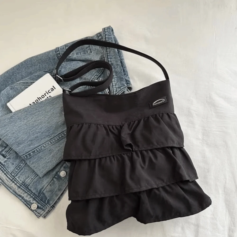 Soft Fabric Material Tiered Ruffle Tote Bag Lightweight Spacious Interior Shoulder Purse Cute Lotus Leaf Edge Frilly Daily Tote